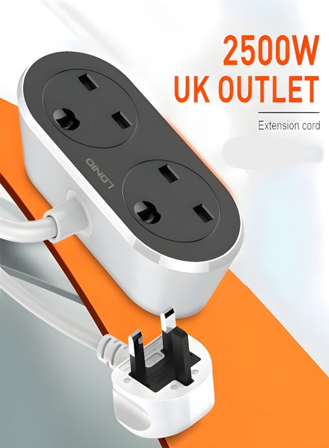 LDNIO SC2018 Heavy Duty Extension Power Cord - 2 Universal Outlets, 2500W Output, 5 Meters Long Cable, UK Plug with Overload Protection - White/Grey - Image 2